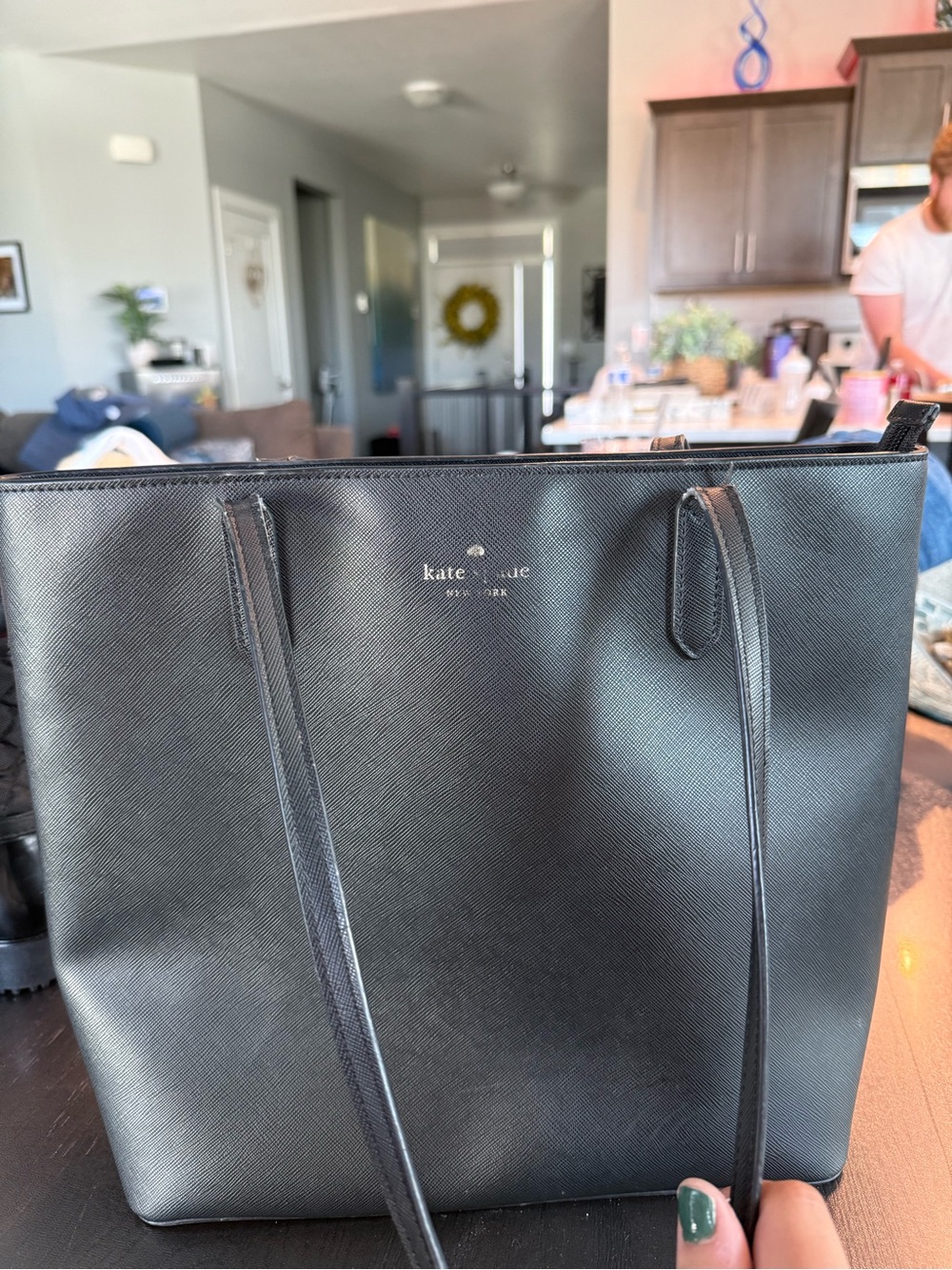 kate spade black Saffiano leather tote with gold logo